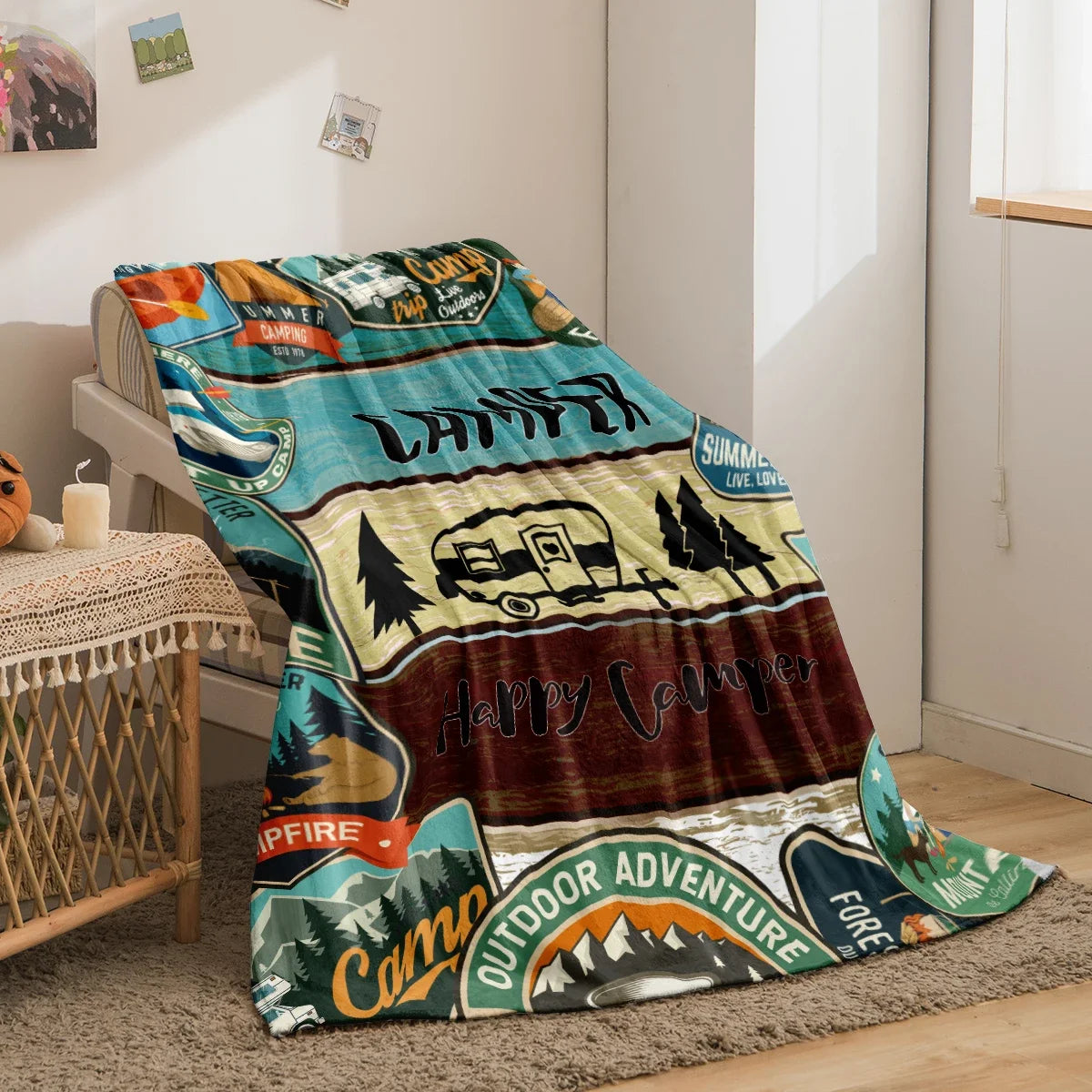 Cobertor estampado com padrão de floresta e campista, adequado para sofás, camas, escritórios, viagens, cadeiras de acampamento, cobertor de pelúcia quente, 1 peça