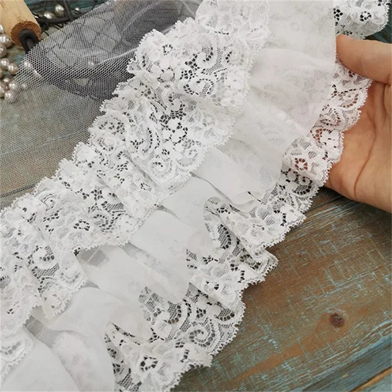10CM Wide Three Layers Pleated Chiffon Fabric Embroidery Fringe Ribbon Lace Collar Ruffle Trim DIY Apparel Curtains Sewing Decor