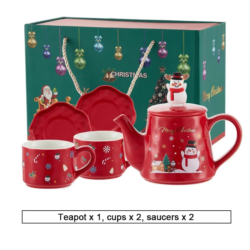 Christmas Ceramics Teaware Sets Coffee Cup & Saucer Santa Claus Elk Snowman Tea Pot and Cup Set Drinkware Xmas Gift 1 Pot 2 Cups