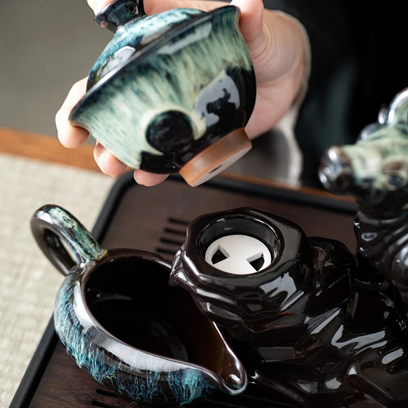 1 set of creative lazy tea set, semi-automatic cow teapot, magnetic rotating water guide, Chinese Kung Fu tea set