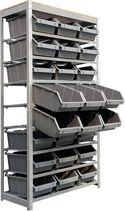 king's rack bin rack storage system heavy duty steel rack organizer shelving unit w/ 24 plastic bins in 8 tiers