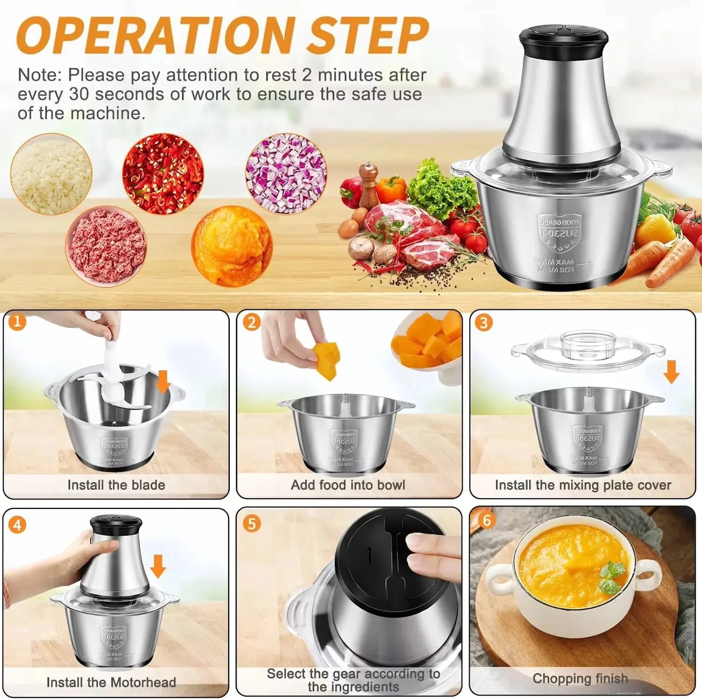 New Electric Meat Grinder Stainless Steel Food Processor Chopper Kitchen Utensils Vegetable and Fruit Chopper Household Grinder