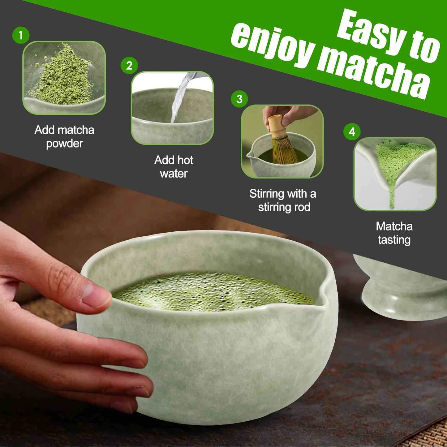 2Pcs Ceramic Matcha Bowl and Whisk Holder Set Easy to Use Tea Bowl and Whisk Stand Easy to Clean Matcha Tea Mixing Tool