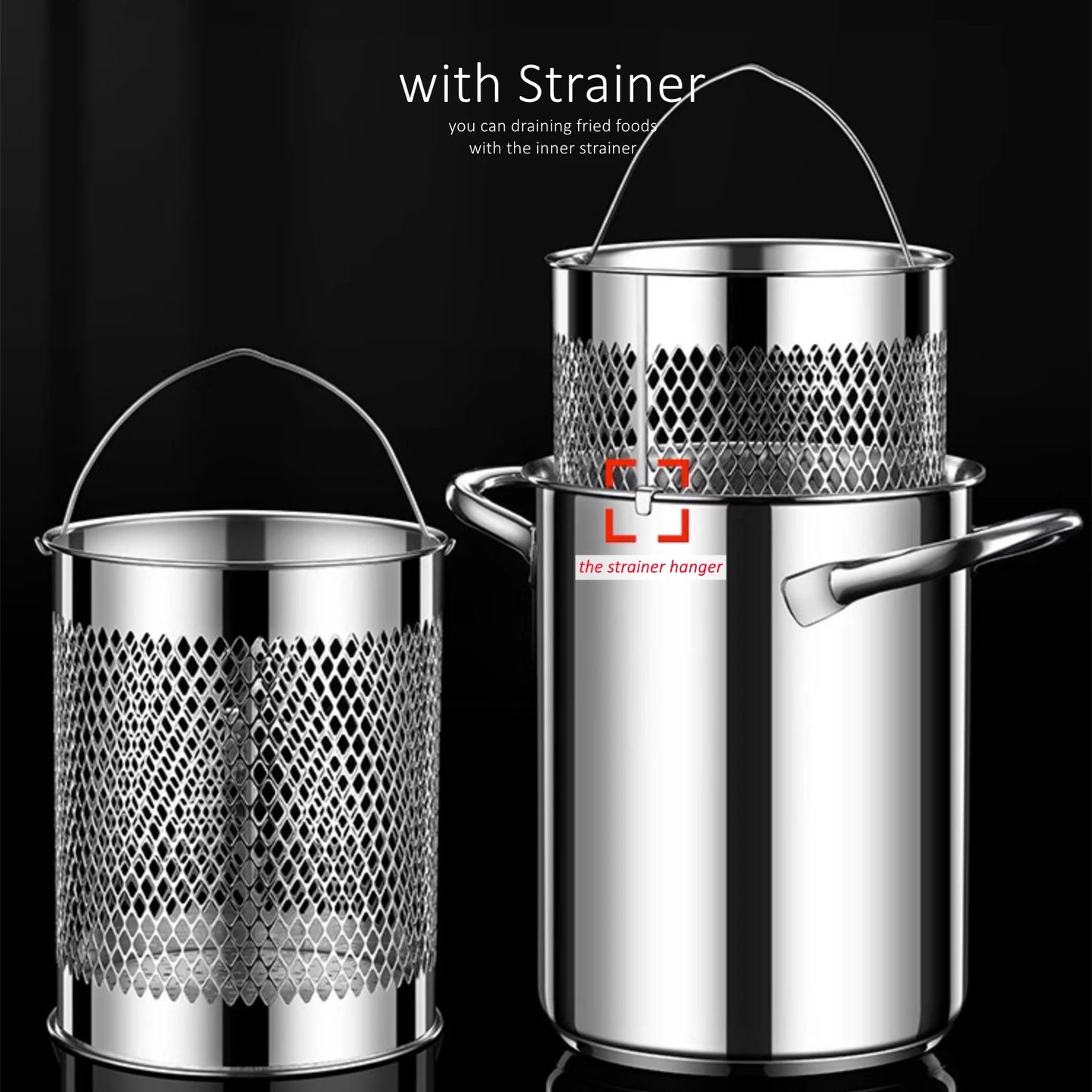 LFGB Certificated 304 Stainless Steel Kitchen Deep Fryer Potato Chip Frying Pot Noodle Vegetable Stewing Pot with Strainer