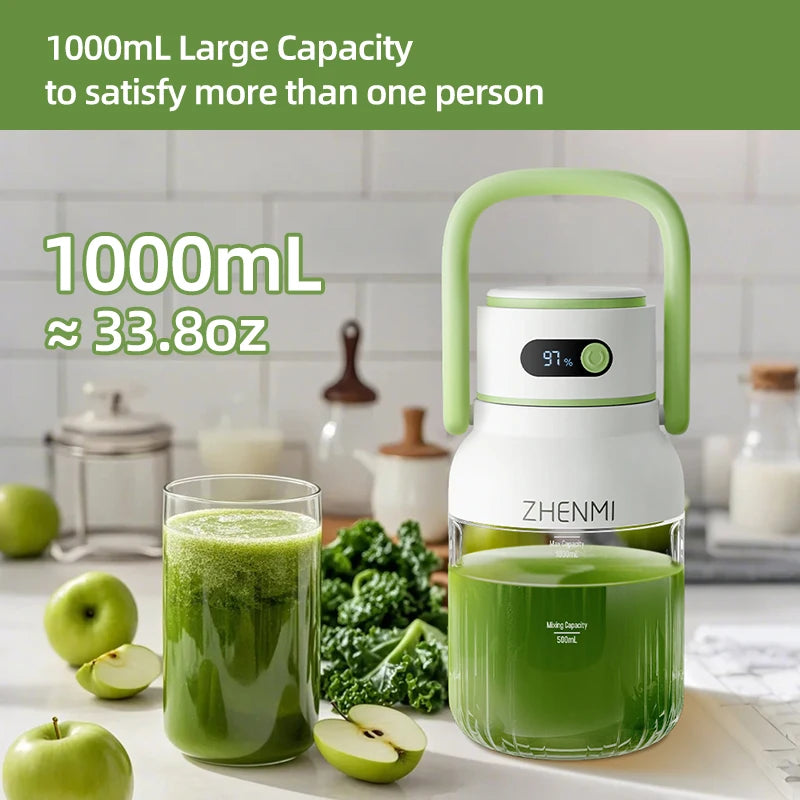 Bærbar juicer, 33 oz. Fartøj, USB-C genopladelig, let at rengøre, velegnet til juice af frugter og grøntsag,