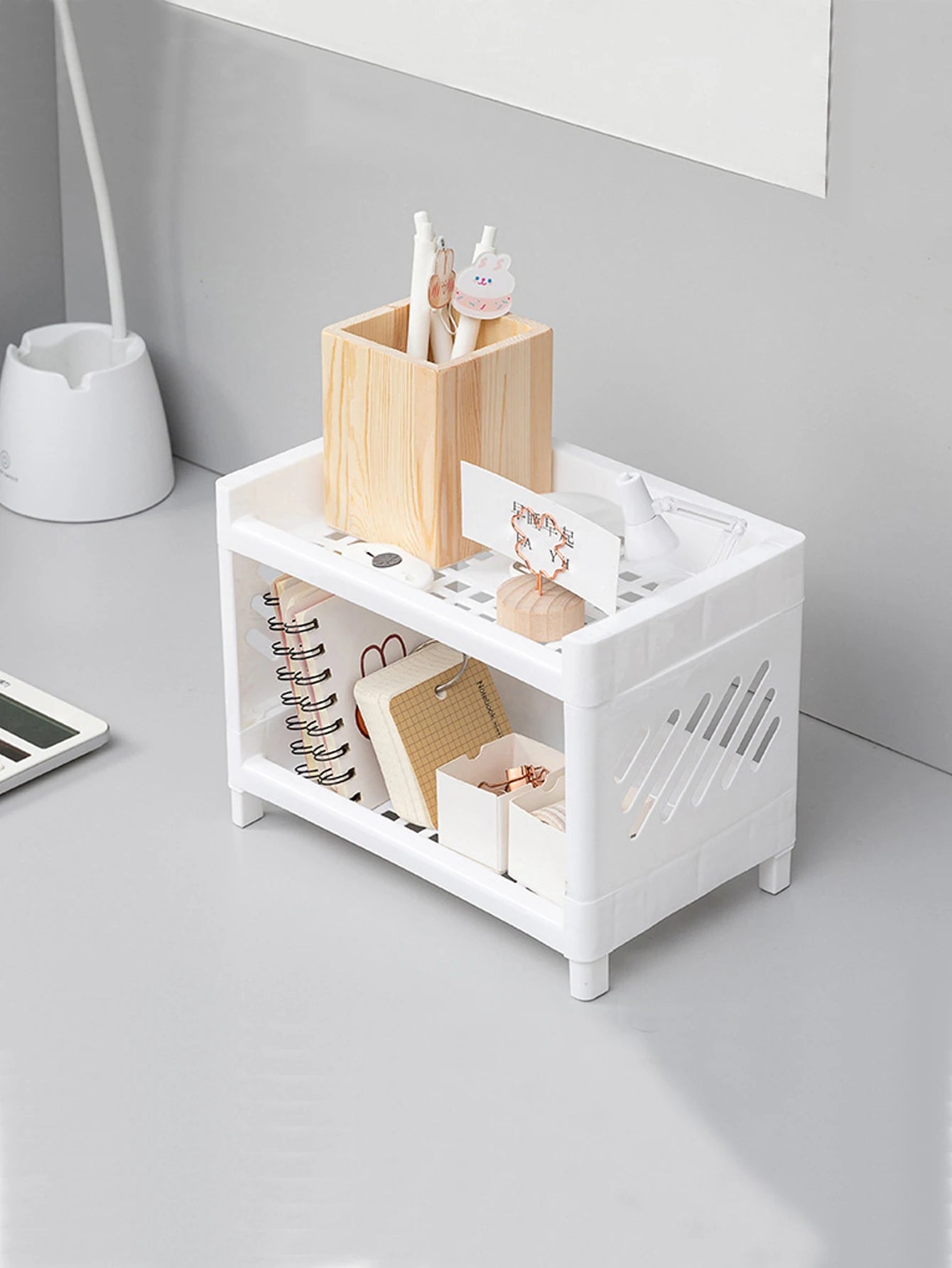 Minimalist Desktop Double-Layer Storage Rack Household Plastic Bathroom Small Stationery Organizing Pure White Multifunctional