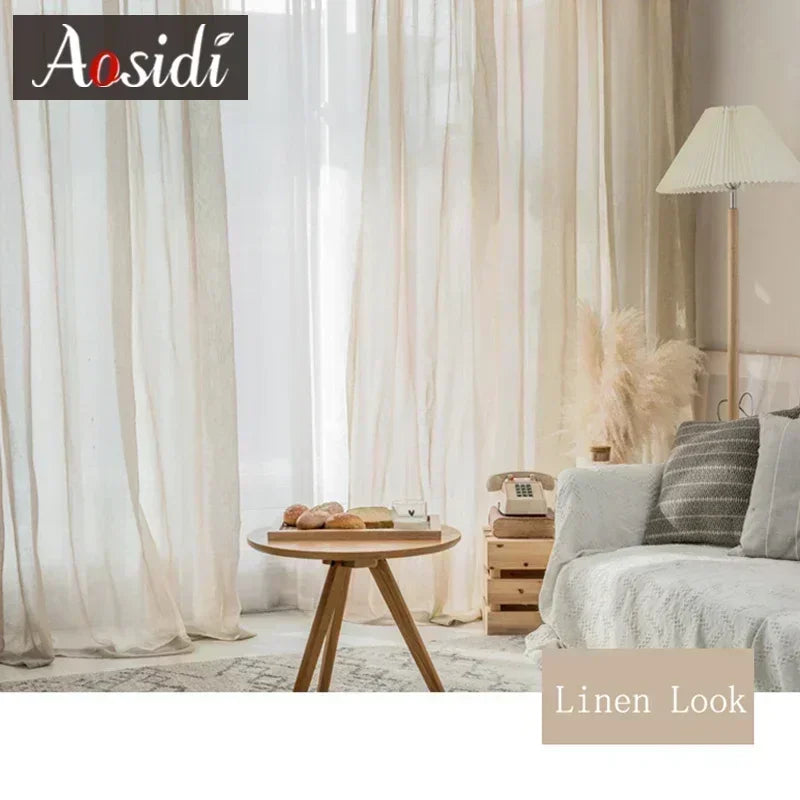 Beige linen look tulle curtains for living room Modern flax sheer curtains for bedroom Solid voile cortina for kids window drape