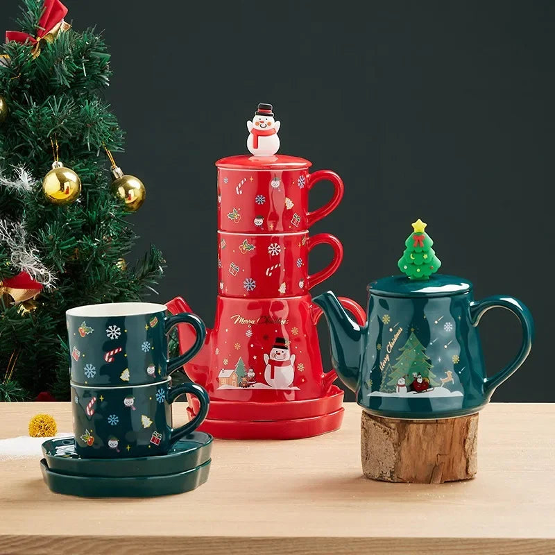 Christmas Ceramics Teaware Sets Coffee Cup & Saucer Santa Claus Elk Snowman Tea Pot and Cup Set Drinkware Xmas Gift 1 Pot 2 Cups