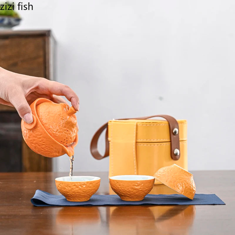 Orange Shaped Travel Tea Set Outdoor Portable Teaware Sets Storage Bag Tea Infuser Teapot Teacup Teas Brewing Utensils