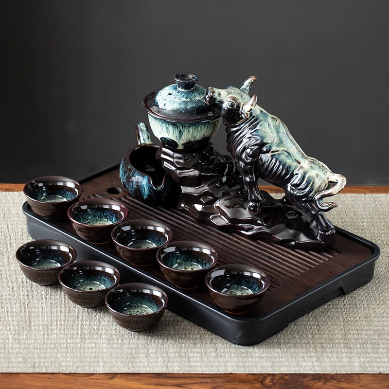 1 set of creative lazy tea set, semi-automatic cow teapot, magnetic rotating water guide, Chinese Kung Fu tea set