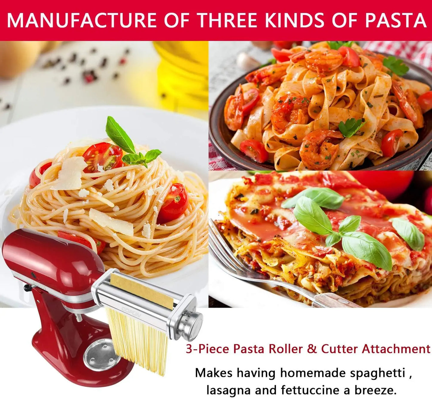Pasta-opzetstuk voor KitchenAid-mixer, pastavelroller, spaghetti-fettuccinesnijder, roestvrijstalen noedels geschikt voor alle KitchenAid-chefs