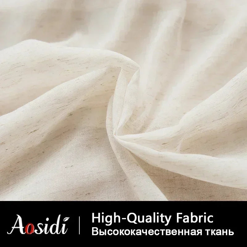 Beige linen look tulle curtains for living room Modern flax sheer curtains for bedroom Solid voile cortina for kids window drape