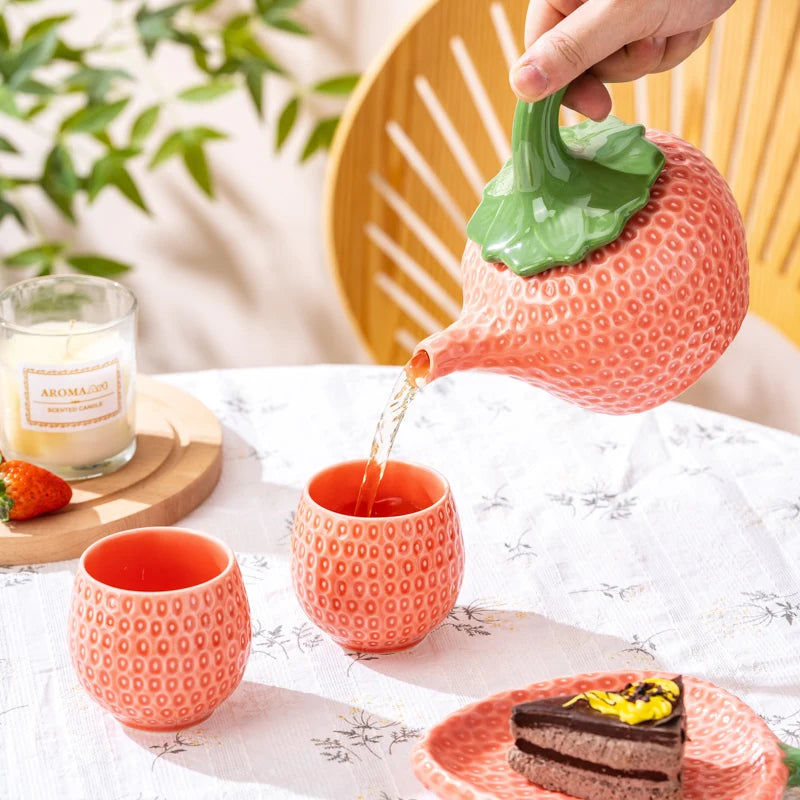 European Red Strawberry Teapot Set Ceramic Breakfast Milk Mug Exquisite Afternoon Tea Set Kettle with Gift Box Birthday Gifts