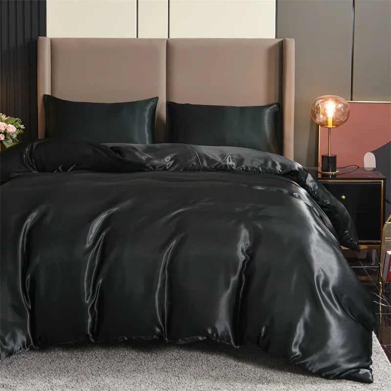 Seturi de lenjerie de pat de plapumă de 3pcs din satin set de lenjerie de pat regină seria neagră, bogată de mătase, mătase moale, moale de miere de luna de miere gratuită