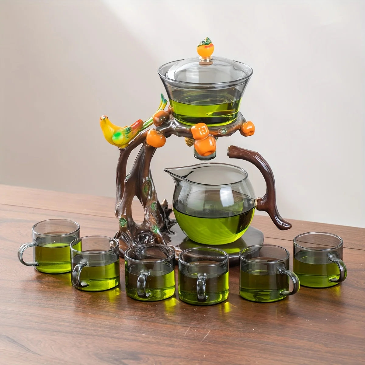 Eco-Inspired Faux Wood Glass Teapot - Magnetic One-Touch Infuser | Nature Decor, Spill-Proof, Ceremonial Tea Set