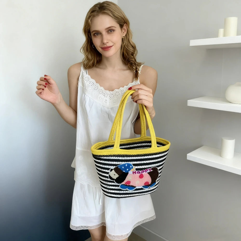 Bucket Bag Tote Woman Large Capacity Cotton Rope Woven Dog Basket Bags Woven Shoulder and Handbags Trendy Color Versatile Ladies
