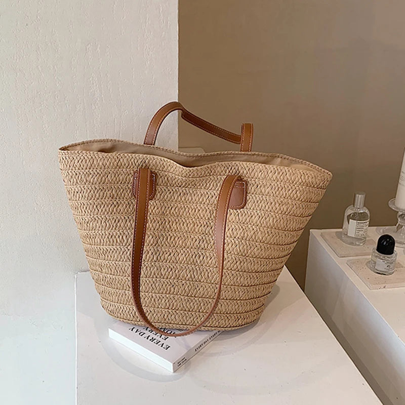Frauen Große Kapazität Schulter Tasche Sommer Stroh Geflochtenen Korb Handtasche Mode Weibliche Luxus Designer Strand Tasche Bali Shopper Tote