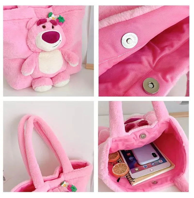 Disney 2025 New Cartoon Plush Doll Shoulder Bag Sweet and Cute Stitch Strawberry Bear Soft Cute Girls Handbag