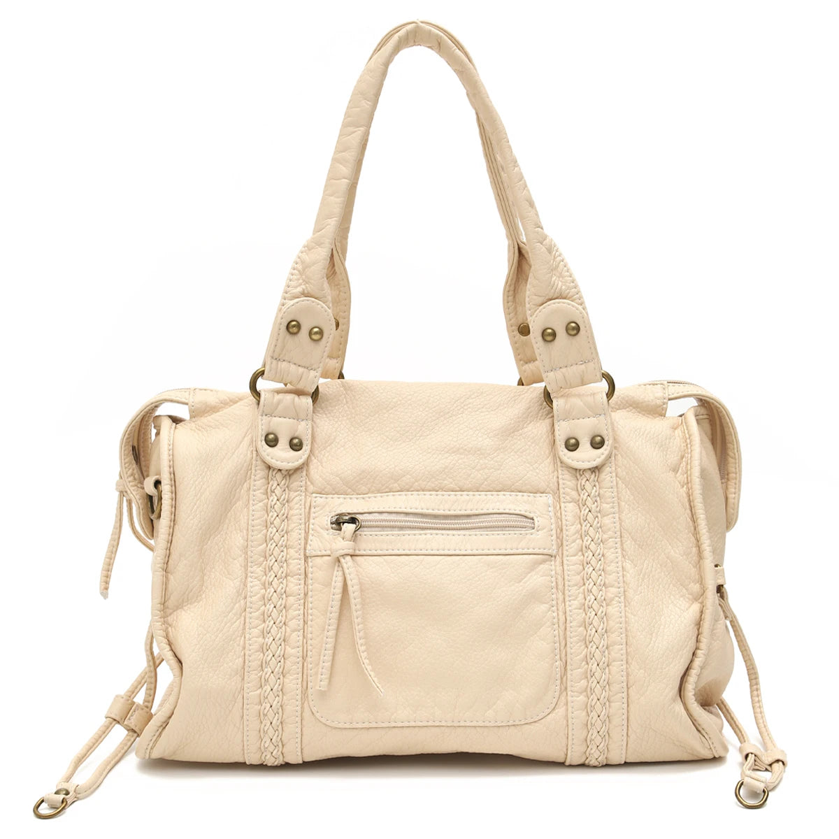 Vintage gewaschenes PU-Leder, große Kapazität, Reißverschlusstaschen, Zopfdekor, Schulter-Umhängetasche, Unisex, Damen, tägliche Reisehandtasche