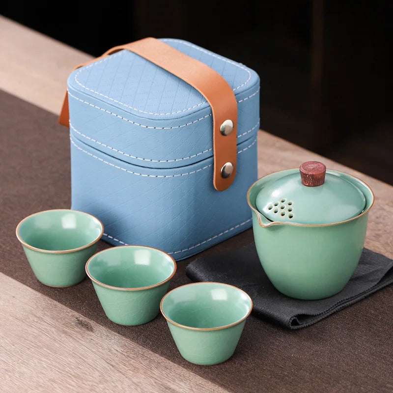Ru Kiln Travel Tea Set Kuaike Cup Outdoor Portable Kung Fu Tea Set Business Souvenir Gift Set Ceramic Teaware Sets