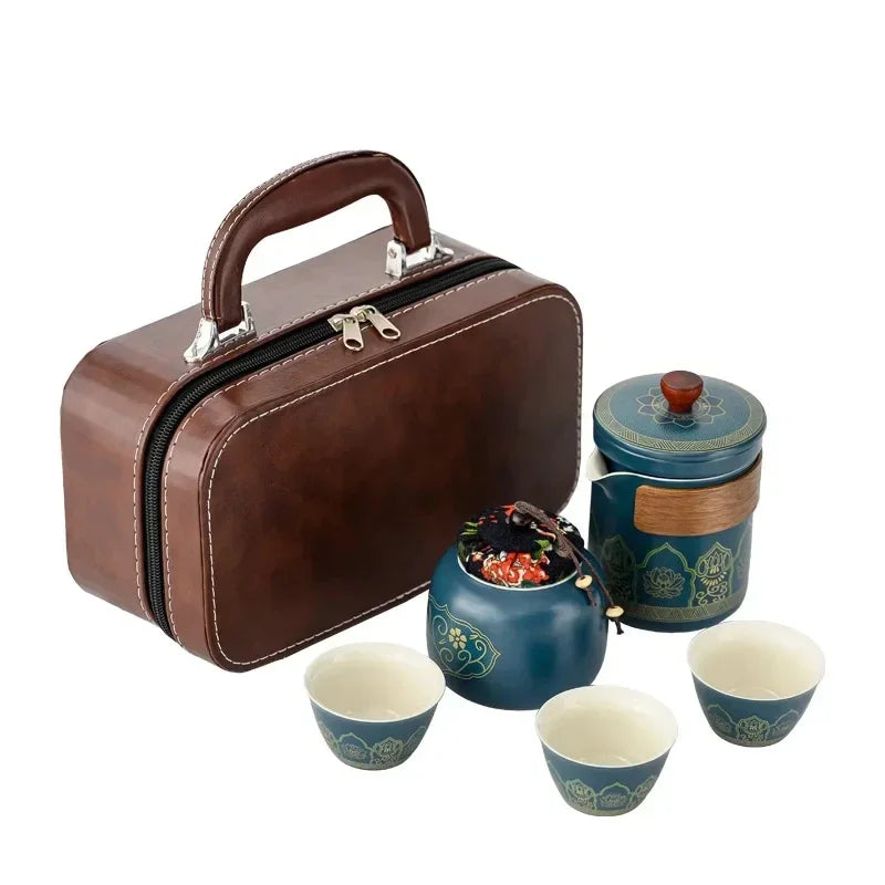 Travel tea set, portable Kung Fu tea set, ceramic teapot, tea can, tea cup, outdoor quick cup, tea can, leather bag packaging
