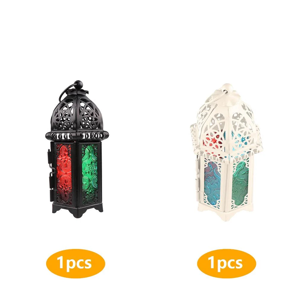 Glass Crystal Moroccan Candlestick Metal Hollow Candle Holder Home Coffee Shop Decoration Iron Hanging Candle Lantern