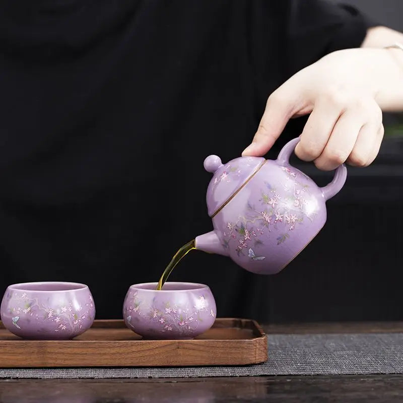 1 Pot 3 Cups Tea Set Purple Ru Kiln Outdoor Portable Travel Tea Set, Ceramic Quick Guest Cup