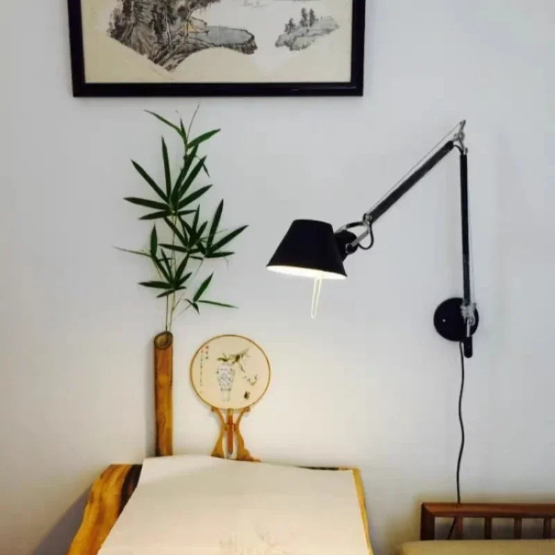 Italian Long Arm LED Wall Lamp Silver Black Metal Bedroom Study Reading Lights E27 Switch Rotatable Adjustable Lighting Decor