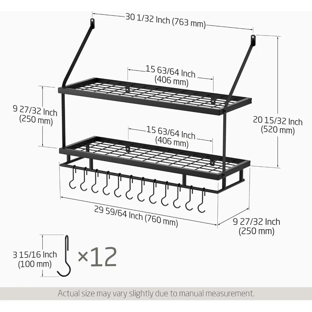 30-Inch Kitchen Pot Rack - Mounted Hanging Rack for Kitchen Storage and Organization - Matte Black 2-Tier Wall Shelf with Guard