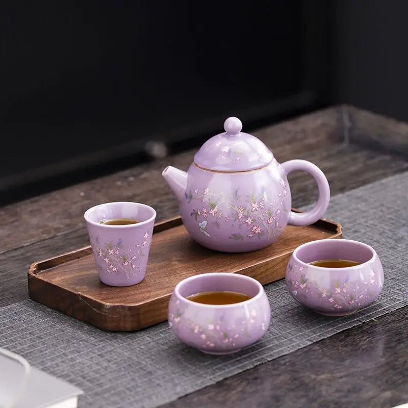 1 Pot 3 Cups Tea Set Purple Ru Kiln Outdoor Portable Travel Tea Set, Ceramic Quick Guest Cup