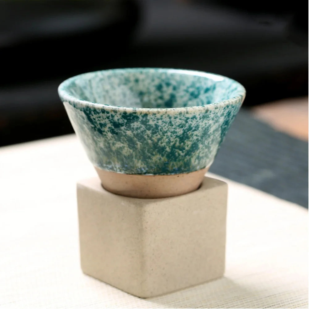 100ml Coarse Pottery Coffee Mugs, Japanese Style Ceramic Tea Cups Triangular Cone Shape Porcelain Retro Mug with Square Base