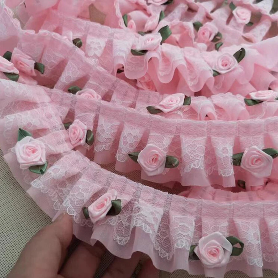 1 Yard Pink Bow Embroidery Lace Fabric Trim DIY Clothing Decoration Accessory 5CM Wide