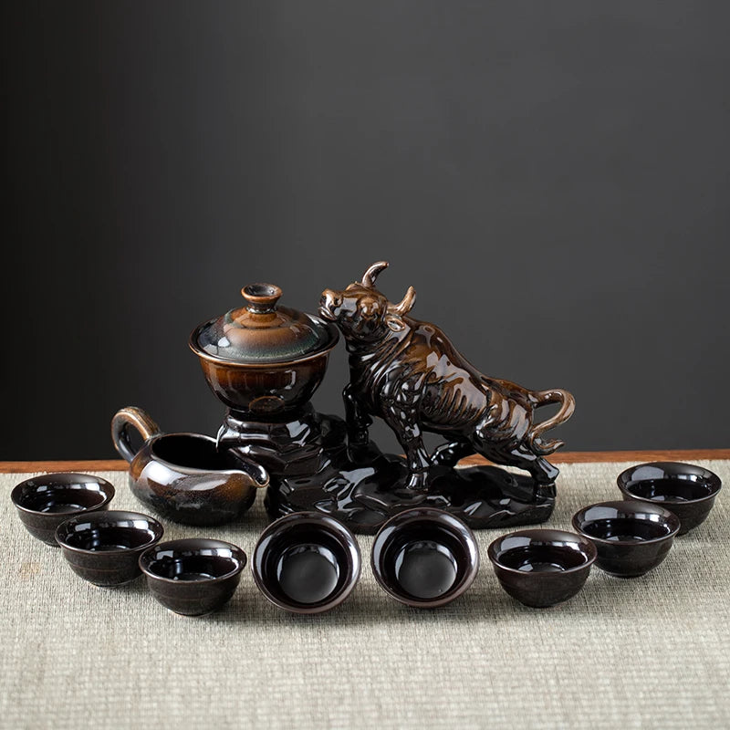 1 set of creative lazy tea set, semi-automatic cow teapot, magnetic rotating water guide, Chinese Kung Fu tea set