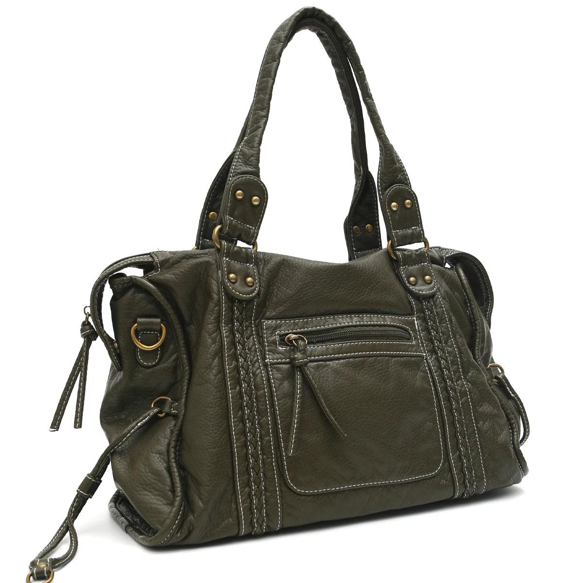 Vintage gewaschenes PU-Leder, große Kapazität, Reißverschlusstaschen, Zopfdekor, Schulter-Umhängetasche, Unisex, Damen, tägliche Reisehandtasche