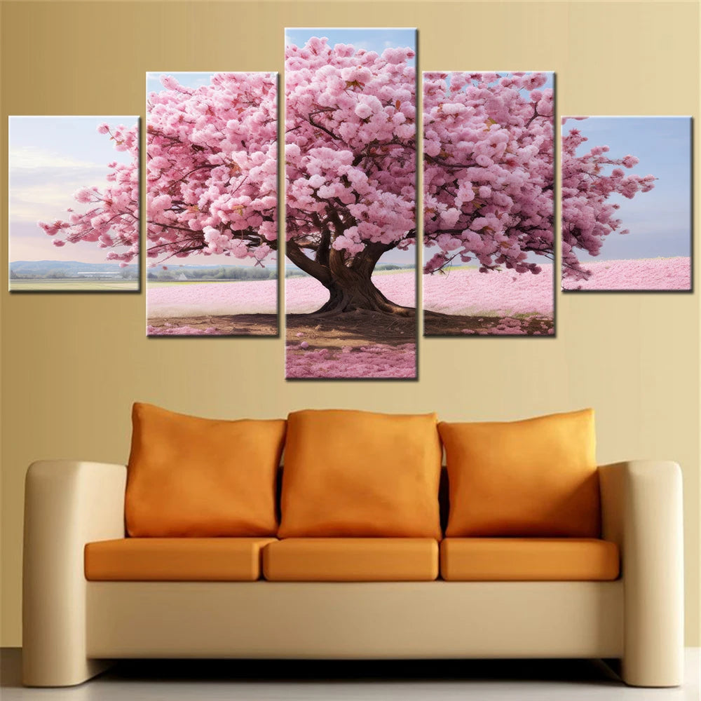 5 Piece HD Printed Home Decor Canvas Art Blossoming Pink Flowering Tree Painting Modular Wall Picture for Room Salon Decoration