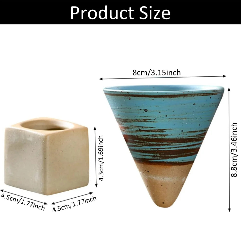 100ml Coarse Pottery Coffee Mugs, Japanese Style Ceramic Tea Cups Triangular Cone Shape Porcelain Retro Mug with Square Base