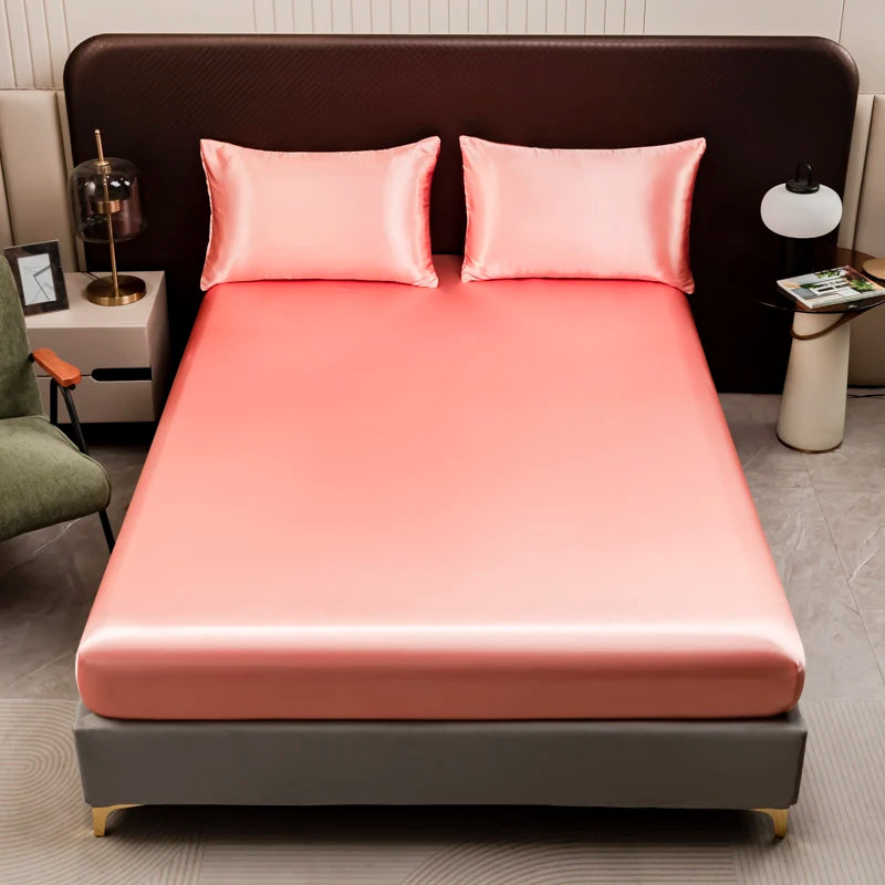 1Pc Satin Fitted Sheet Solid Colour Twin Full Queen Ice Silk Mattress Cover Natural With Elastic Band Bed Sheet (No Pillowcase)