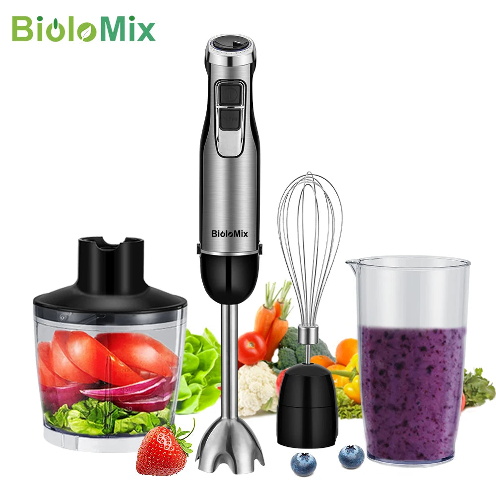 BioloMix 4 في 1 قوة عالية 1200 واط خلاط يدوي غمر يتضمن مفرمة وكوب عصير شفرات ثلج من الفولاذ المقاوم للصدأ