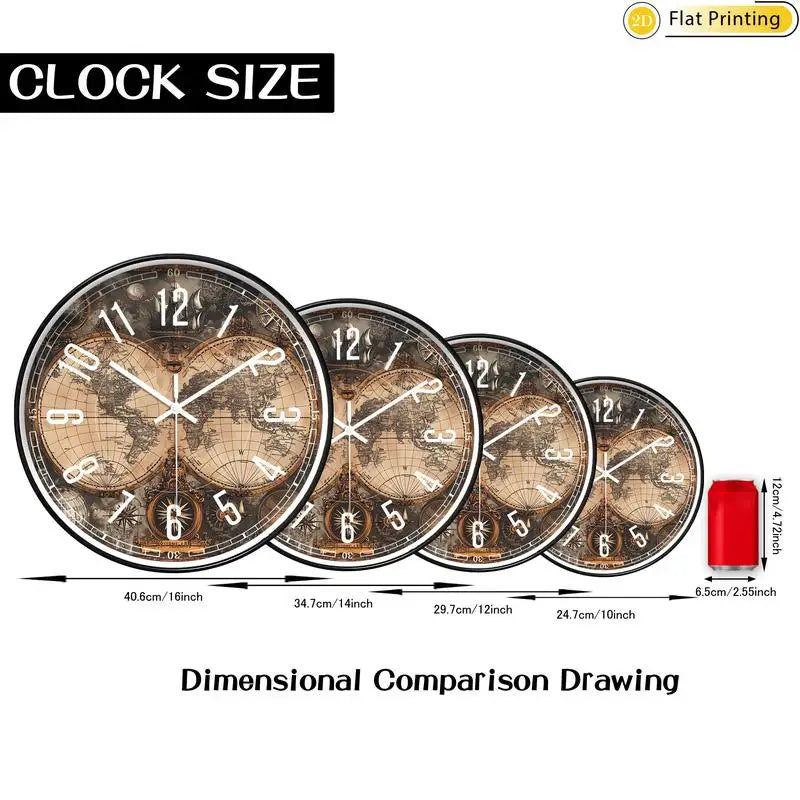Wooden Silent Wall Clock Vintage world map compasses Quartz Round Analog Clock for Home Office Idea Holiday Gifts