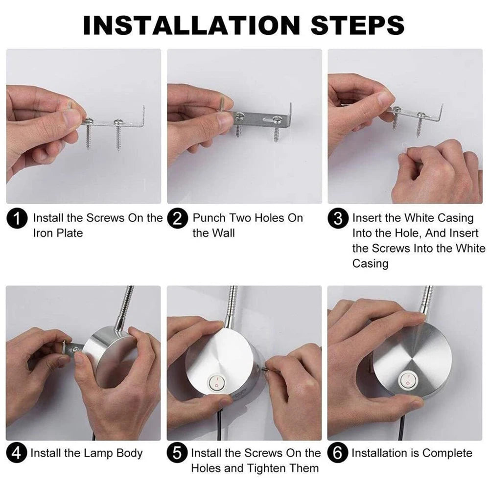 USB Flexible Wall Mount Night Lamp Hotel Bedside Wall Lamp LED Flexible Gooseneck Tube Switch Study Reading Sconces Light