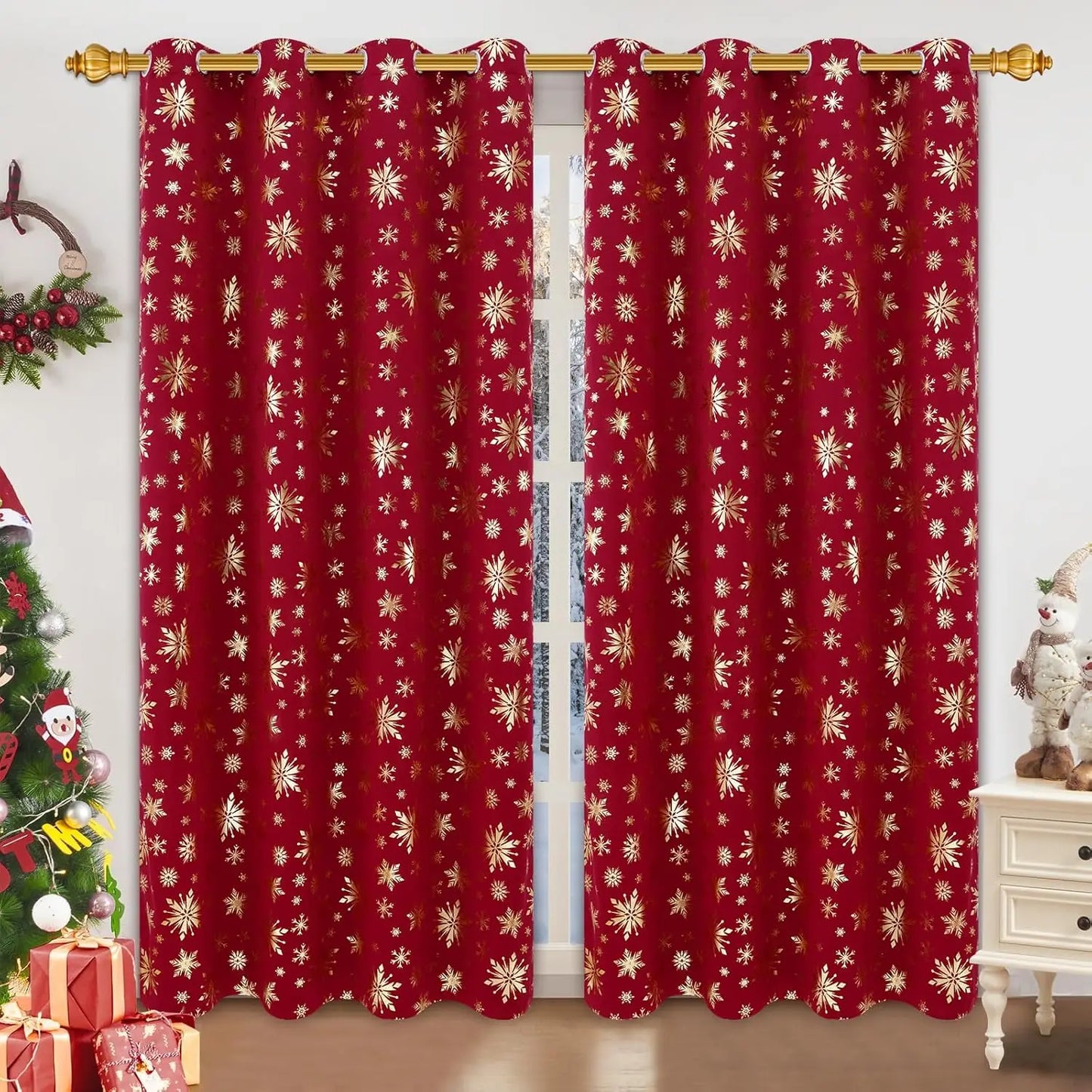 Blackout Christmas Curtains, suitable for living rooms and bedrooms, with gold snowflake foil print.