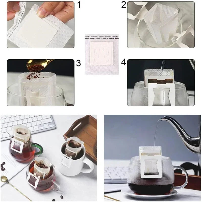 Biodegradable Coffee Filter Bags Disposable Drip Brewing Tool for Coffee Tea Travel Office Home Use Fast Flow Paper Filters