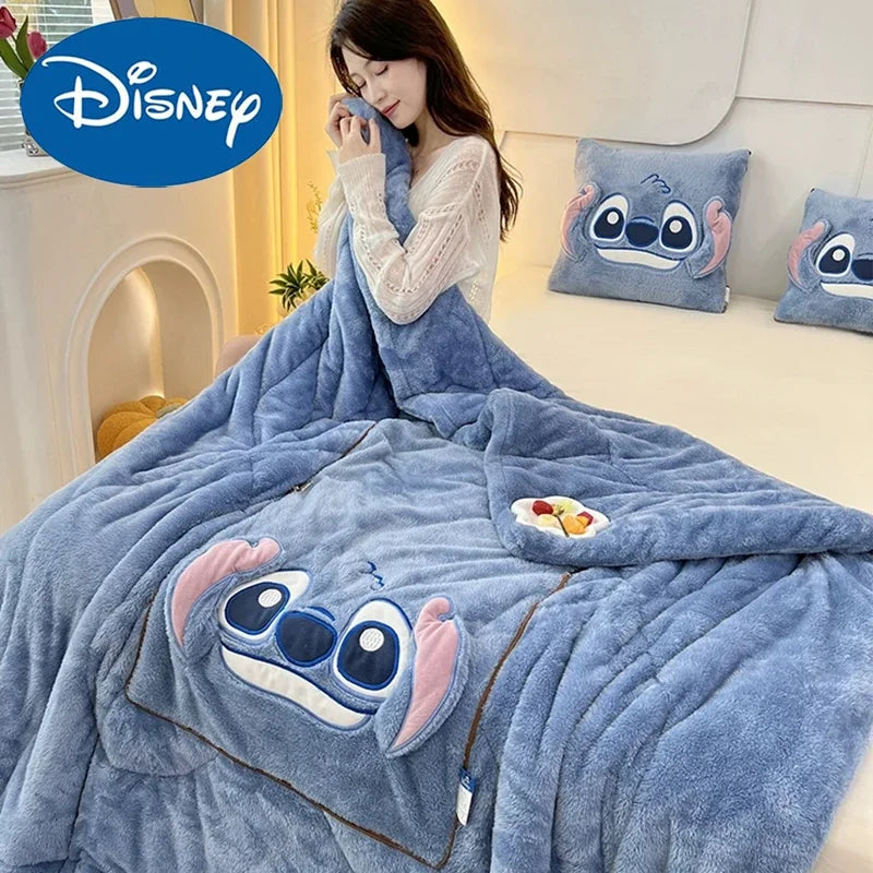 Disney Stitch Throw Pillow Blankets Two In One Kawaii Flannel Pillow Thickened Nap Blanket Living Room Child Bedroom Decoration