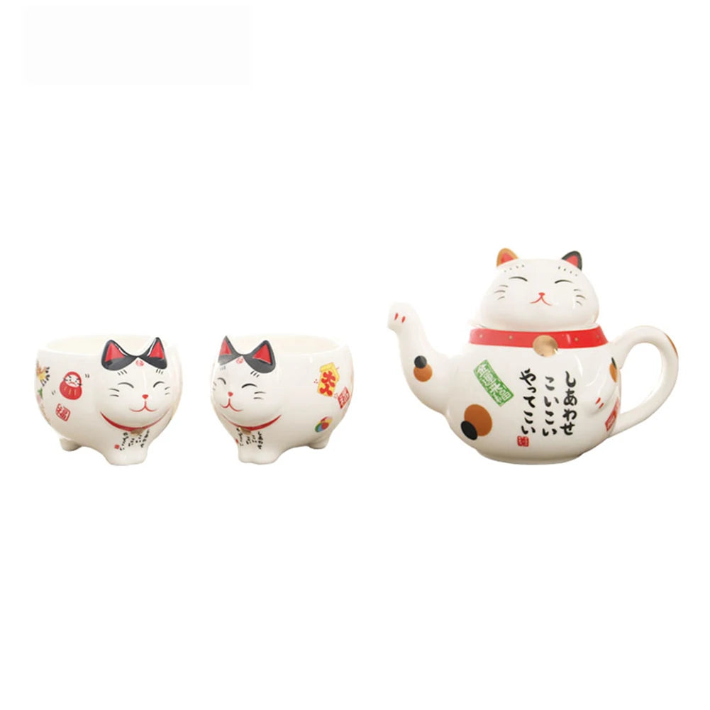 Ceramic Lucky Cat Cartoon Cups, Teapot, Coffee, Milk Mug Sets, Breakfast, Afternoon Tea Pot, 1 Teapot, 2 Mugs, Cute, 3Pcs per Lo