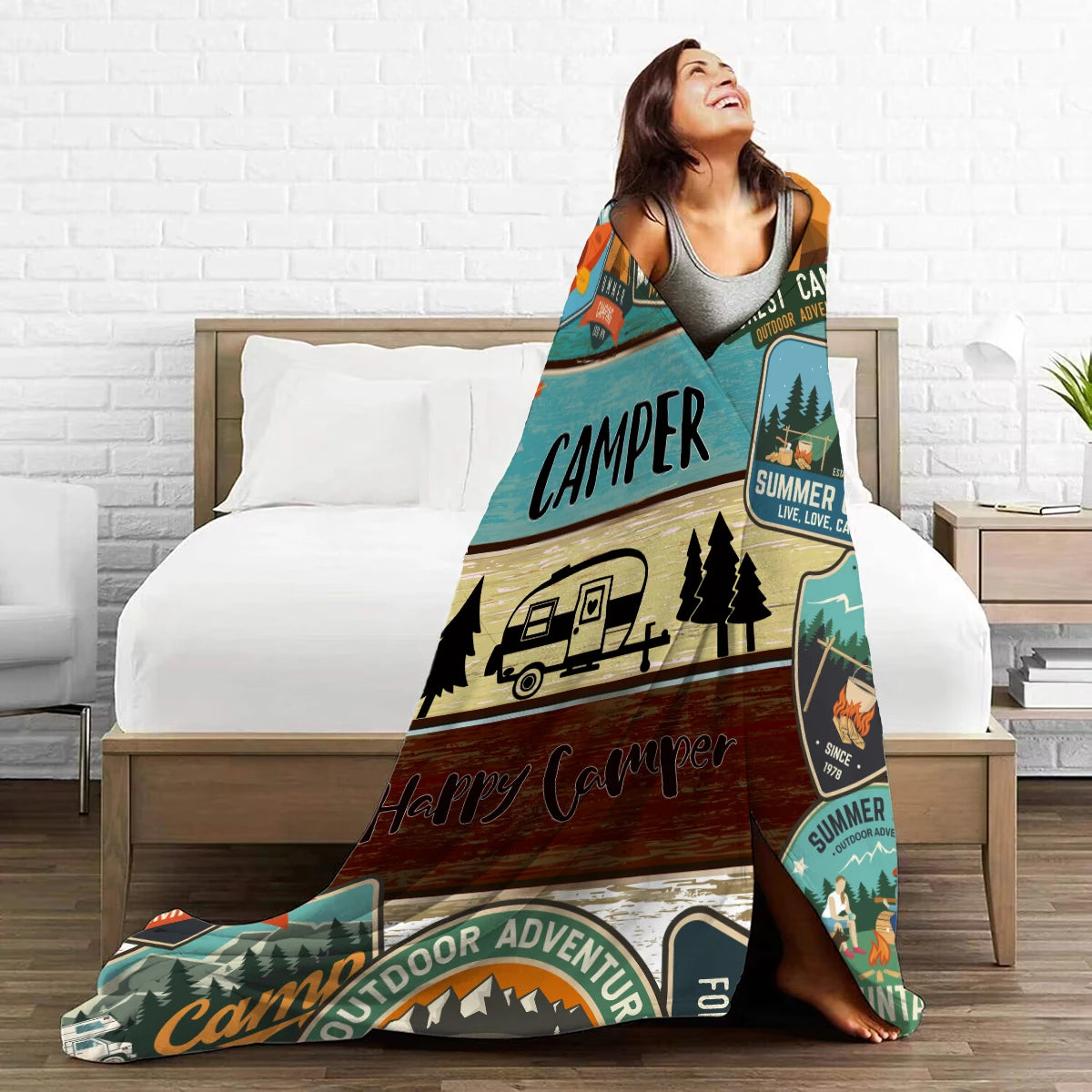 Cobertor estampado com padrão de floresta e campista, adequado para sofás, camas, escritórios, viagens, cadeiras de acampamento, cobertor de pelúcia quente, 1 peça