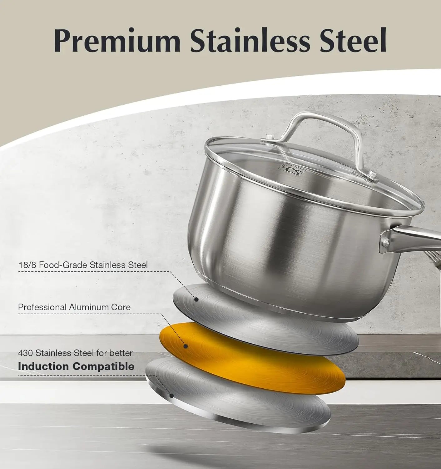KOCH SYSTEME CS 10 Piece Stainless Steel Pots and Pans Set, Kitchen Cookware Sets, Induction Ready, Oven Safe to 450°F