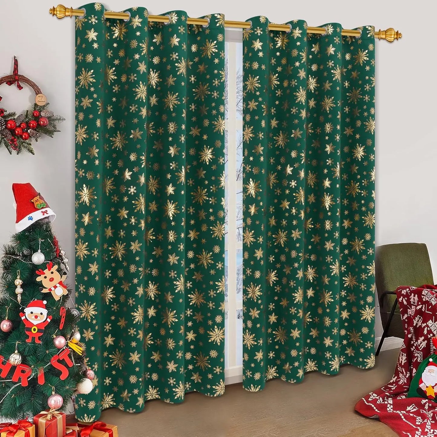 Blackout Christmas Curtains, suitable for living rooms and bedrooms, with gold snowflake foil print.