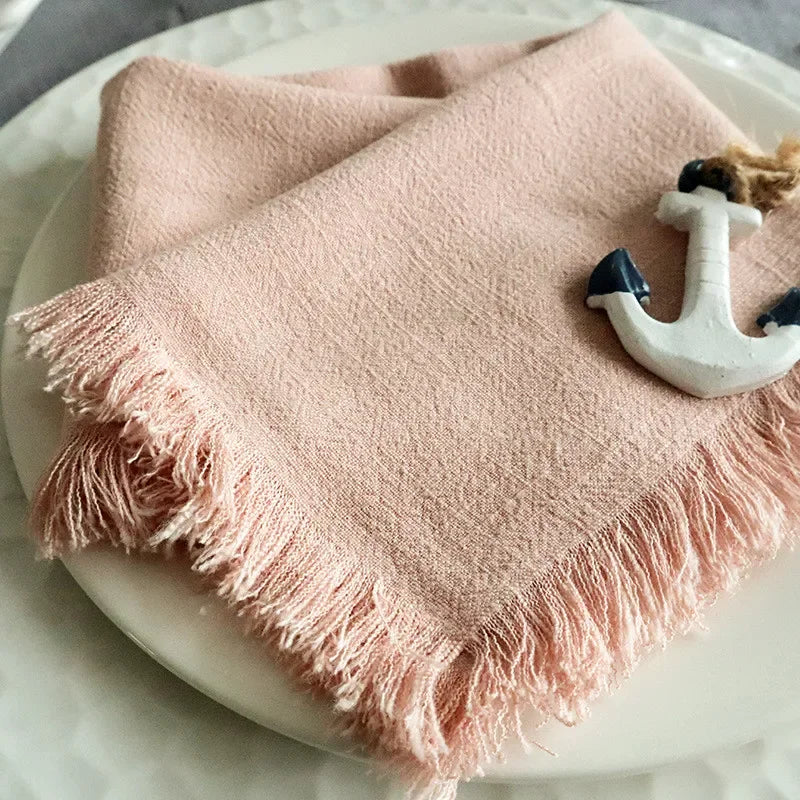 1Pc 45x45cm Solid Color Square Tassel Plain Cloth Cotton Linen Home Kitchen Table Dinner Western Napkin