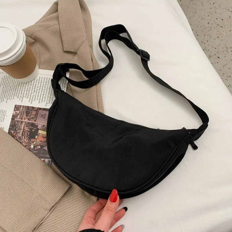 1pc Solid Color Nylon For Women Large Capacity Travel Crossbody Half Moon Daily Street Fanny Pack Waist Bag