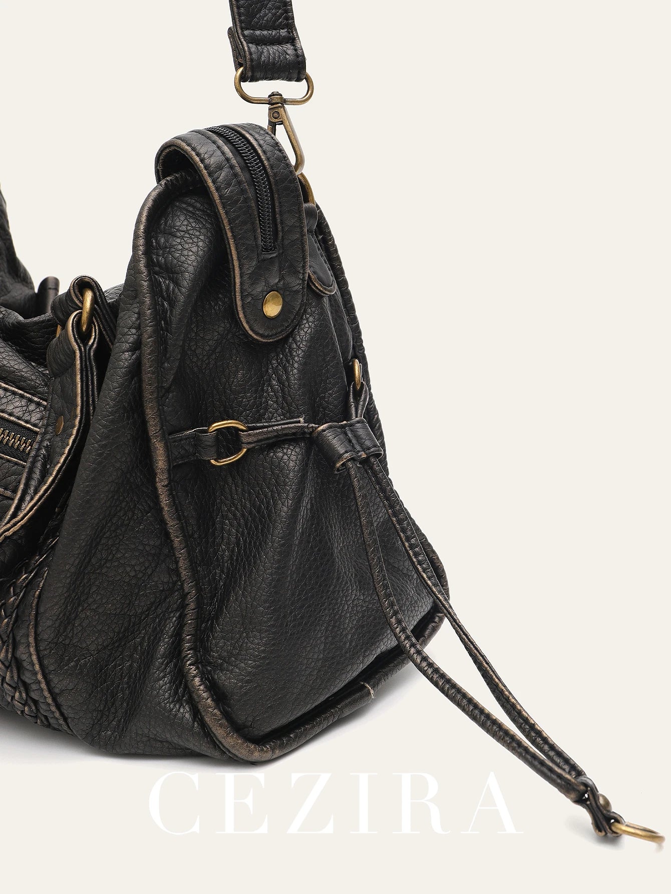 Vintage gewaschenes PU-Leder, große Kapazität, Reißverschlusstaschen, Zopfdekor, Schulter-Umhängetasche, Unisex, Damen, tägliche Reisehandtasche